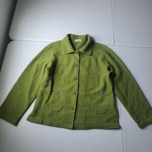 Fairy Goblin Guerlain Cardigan Sweater Womens Green 100% Wool Floral Embroidered